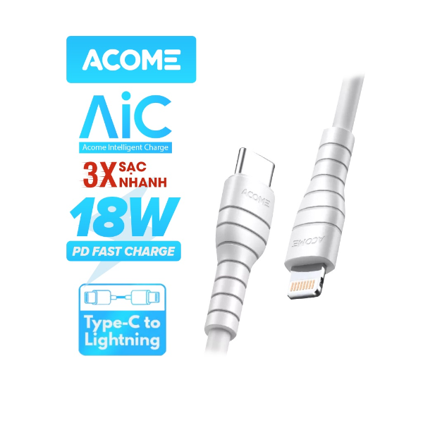 Cáp sạc nhanh Type-C to Lightning 3A 18W ACOME ACL-010 1M - Trắng