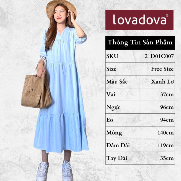 [HCM] Đầm dáng suông dài tay, cách điệu xếp ly Lovadova 21D01C007 - Xanh lơ