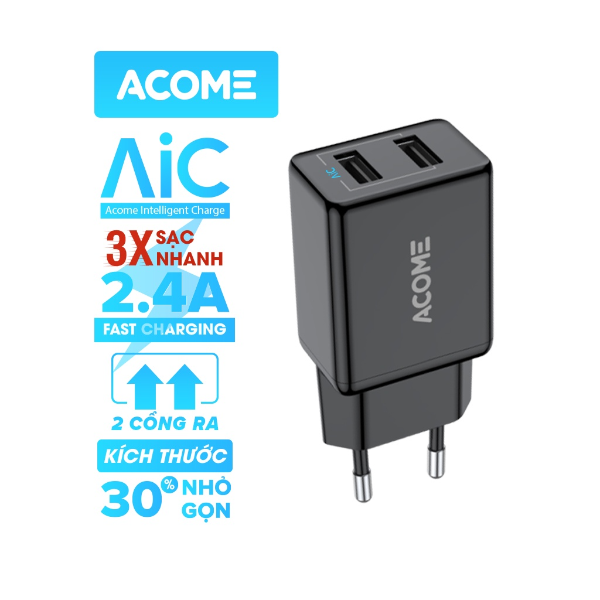 Củ sạc 2 cổng USB sạc nhanh 2.4A ACOME AC03 - Trắng