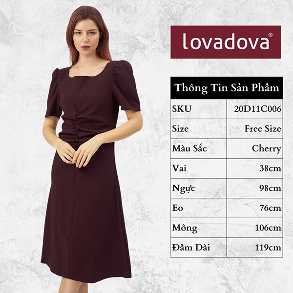 [HCM] Đầm dáng suông, cách điệu nhún eo, cổ vuông, khóa kéo sau Lovadova 20D11C006 - Nâu đen