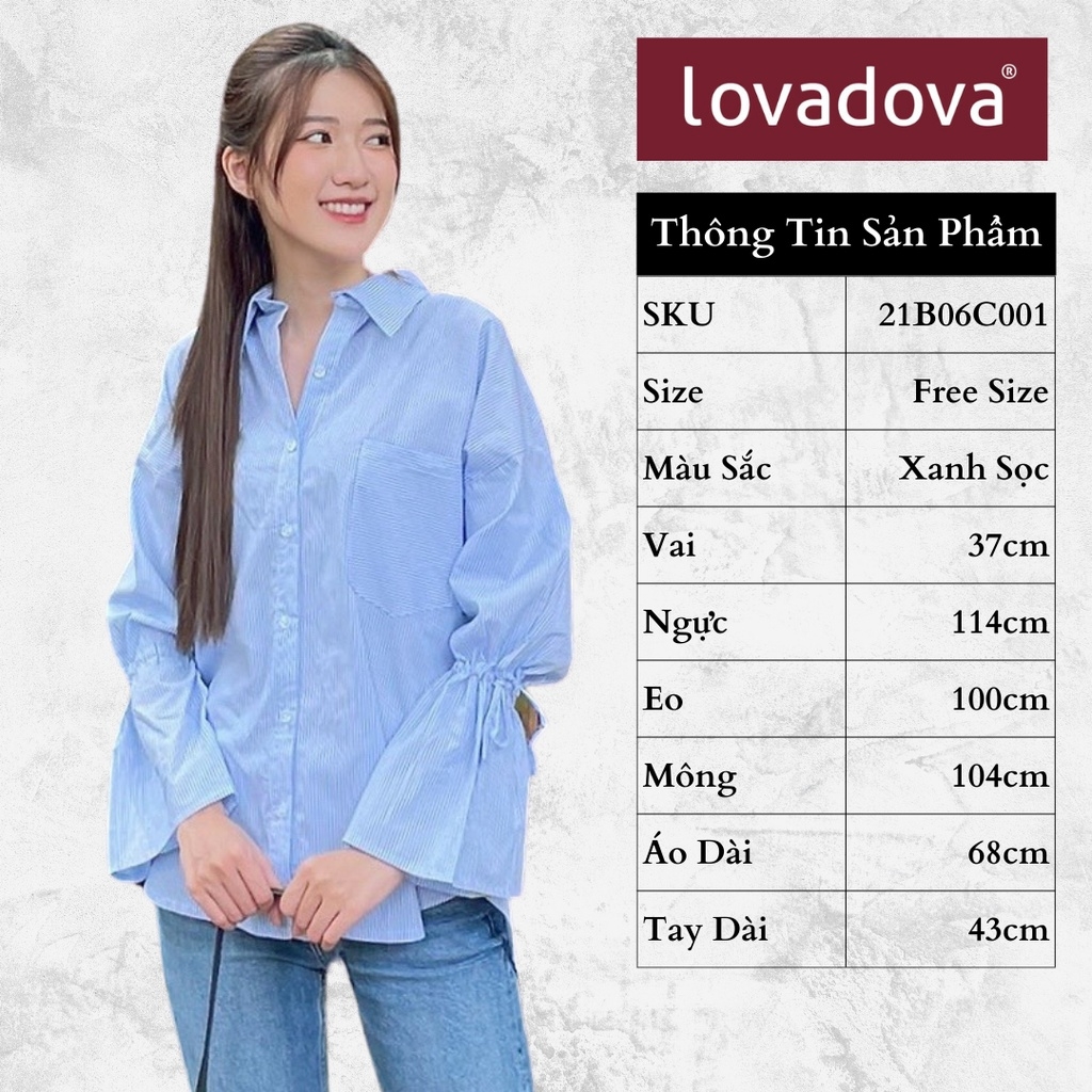 [HCM] Áo sơ mi kiểu nữ, dài tay, cách điệu cổ tay thắt nơ, túi trước ngực Lovadova 21B06C001 - Xanh Sọc