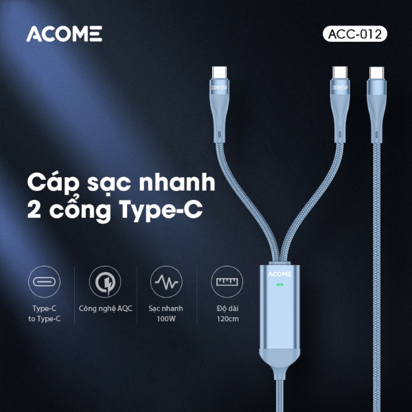 Cáp sạc nhanh 2 cổng Type-C ACOME ACC-012 - Xanh