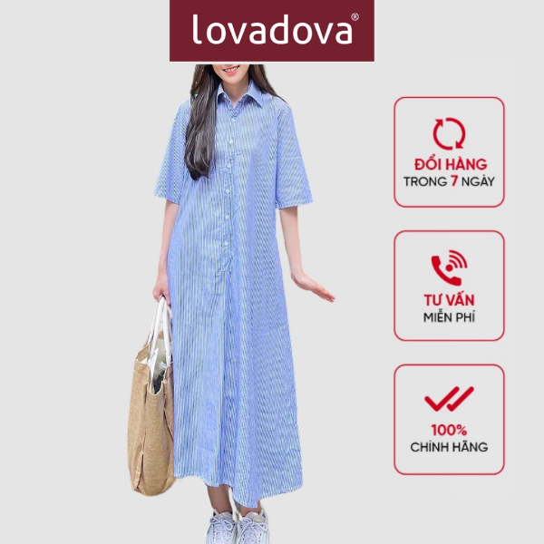 [HCM] Đầm dáng suông, dài tay, cách điệu kiểu sơ mi Lovadova 21D04C001 - Xanh dương