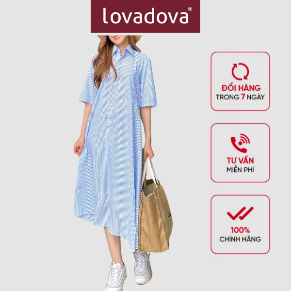 [HCM] Đầm dáng suông, dài tay, cách điệu áo sơ mi Lovadova 21D04C002 - Sọc xanh