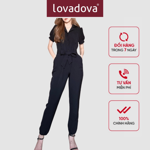 [HCM] Jumpsuit ngắn tay, cách điệu giả vest, nơ giữa eo, có túi Lovadova 21O12C002 - Đen