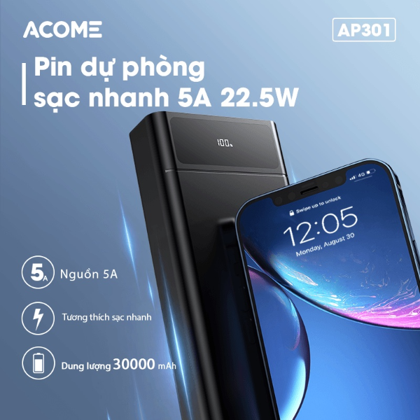 Pin dự phòng sạc nhanh 5A 22.5W ACOME AP301 - Đen