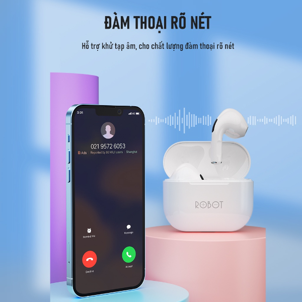 Tai nghe Bluetooth semi in-ear ROBOT Airbuds T50 - Bluetooth 5.1 - 35H sử dụng - Trắng