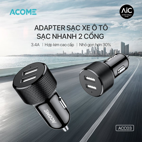 Tẩu sạc ô tô 2 cổng USB-A 2.4A ACOME ACC03 - Đen