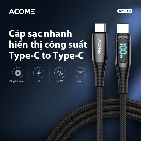 Cáp sạc nhanh hiển thị công suất Type-C to Type-C ACOME APD100 1M - Đen