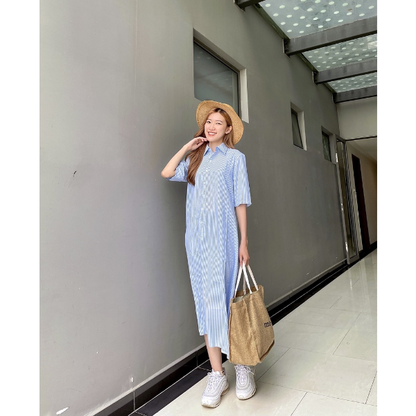 [HCM] Đầm dáng suông, dài tay, cách điệu áo sơ mi Lovadova 21D04C002 - Sọc xanh
