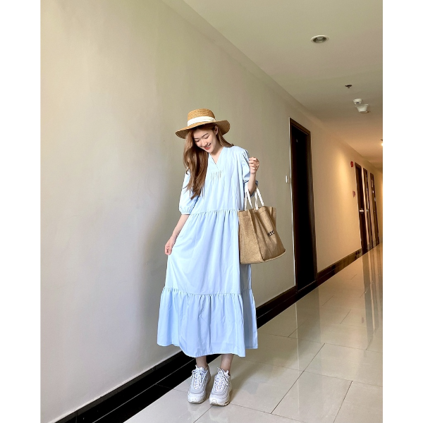 [HCM] Đầm dáng suông dài tay, cách điệu xếp ly Lovadova 21D01C007 - Xanh lơ