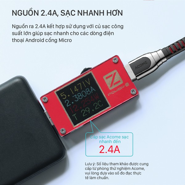 Cáp sạc và truyền dữ liệu Micro USB 2.4A ACOME AKM-010 1M - Đỏ, nâu