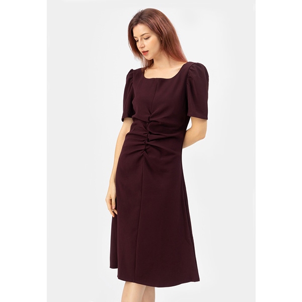 [HCM] Đầm dáng suông, cách điệu nhún eo, cổ vuông, khóa kéo sau Lovadova 20D11C006 - Nâu đen