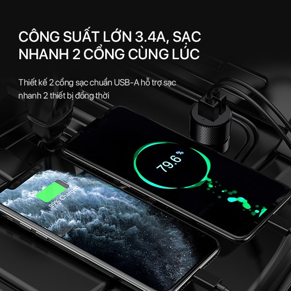 Tẩu sạc ô tô 2 cổng USB-A 2.4A ACOME ACC03 - Đen