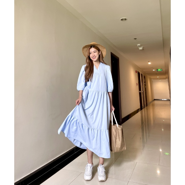 [HCM] Đầm dáng suông dài tay, cách điệu xếp ly Lovadova 21D01C007 - Xanh lơ
