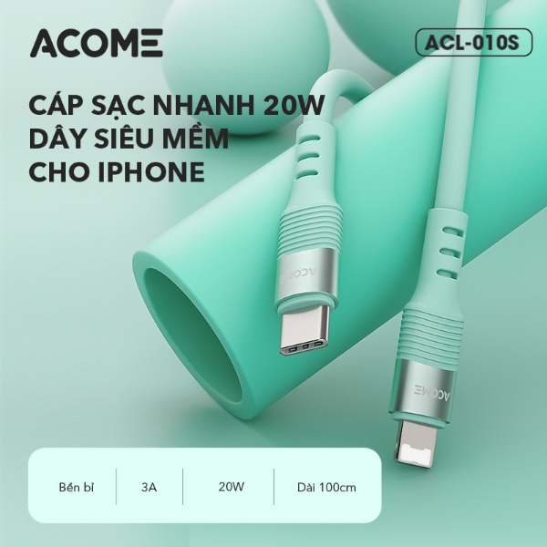 Cáp sạc nhanh dây silicon cho iPhone ACOME ACL-010S - Xanh