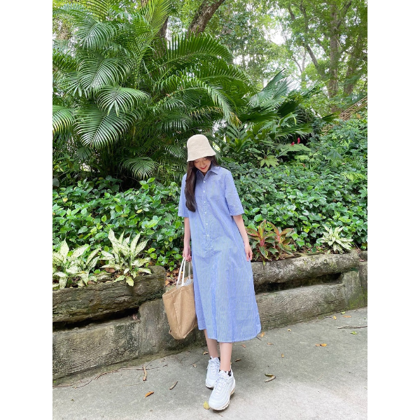 [HCM] Đầm dáng suông, dài tay, cách điệu kiểu sơ mi Lovadova 21D04C001 - Xanh dương