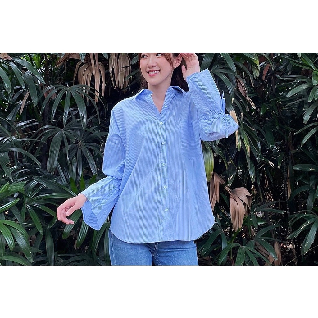 [HCM] Áo sơ mi kiểu nữ, dài tay, cách điệu cổ tay thắt nơ, túi trước ngực Lovadova 21B06C001 - Xanh Sọc