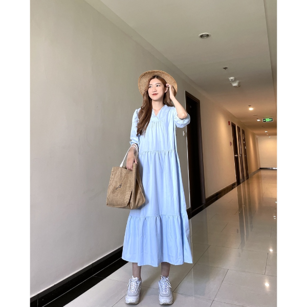 [HCM] Đầm dáng suông dài tay, cách điệu xếp ly Lovadova 21D01C007 - Xanh lơ