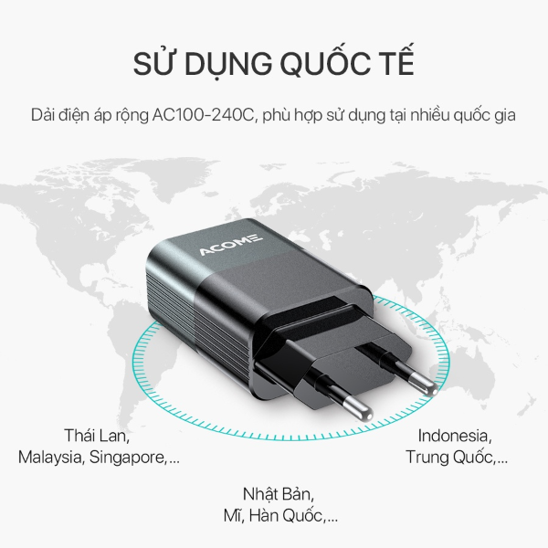 Củ sạc nhanh 1 cổng USB ACOME AC01 - Xám, đen