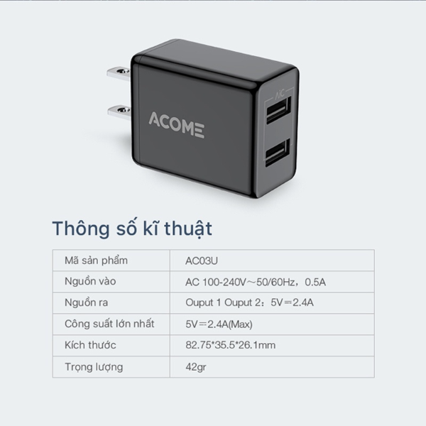 Củ sạc 2 cổng USB ACOME AC03U - Đen