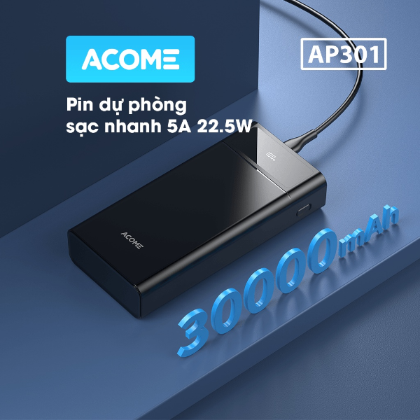 Pin dự phòng sạc nhanh 5A 22.5W ACOME AP301 - Đen