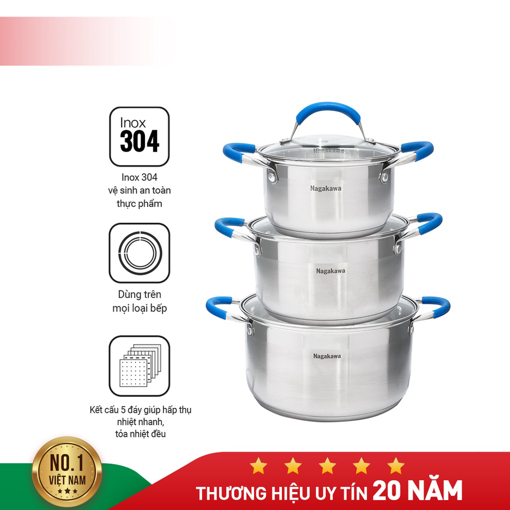 Bộ 3 nồi inox Nagakawa NAG1302 size 16, 20, 24cm