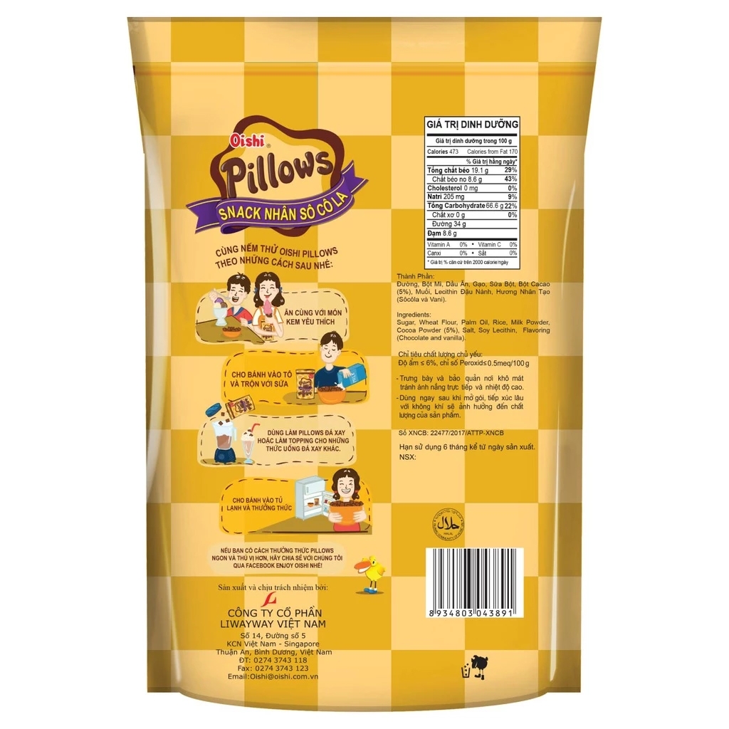 [THÙNG 20] Oishi Pillows Snack Nhân Sô Cô La Gói 80g