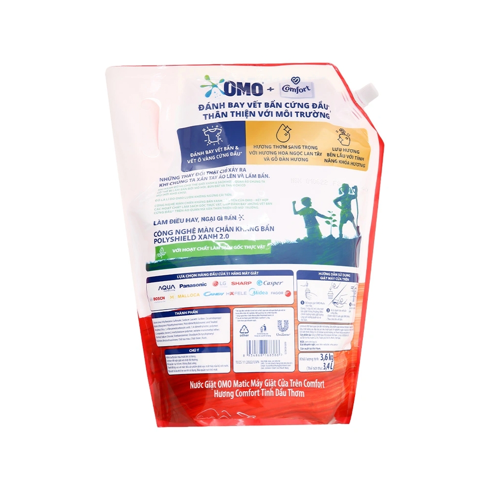 [THÙNG 4 TÚI] Omo Nước Giặt Matic Comfort Cửa Trên Tinh Dầu Nước Hoa Tinh Tế Túi 3.6kg