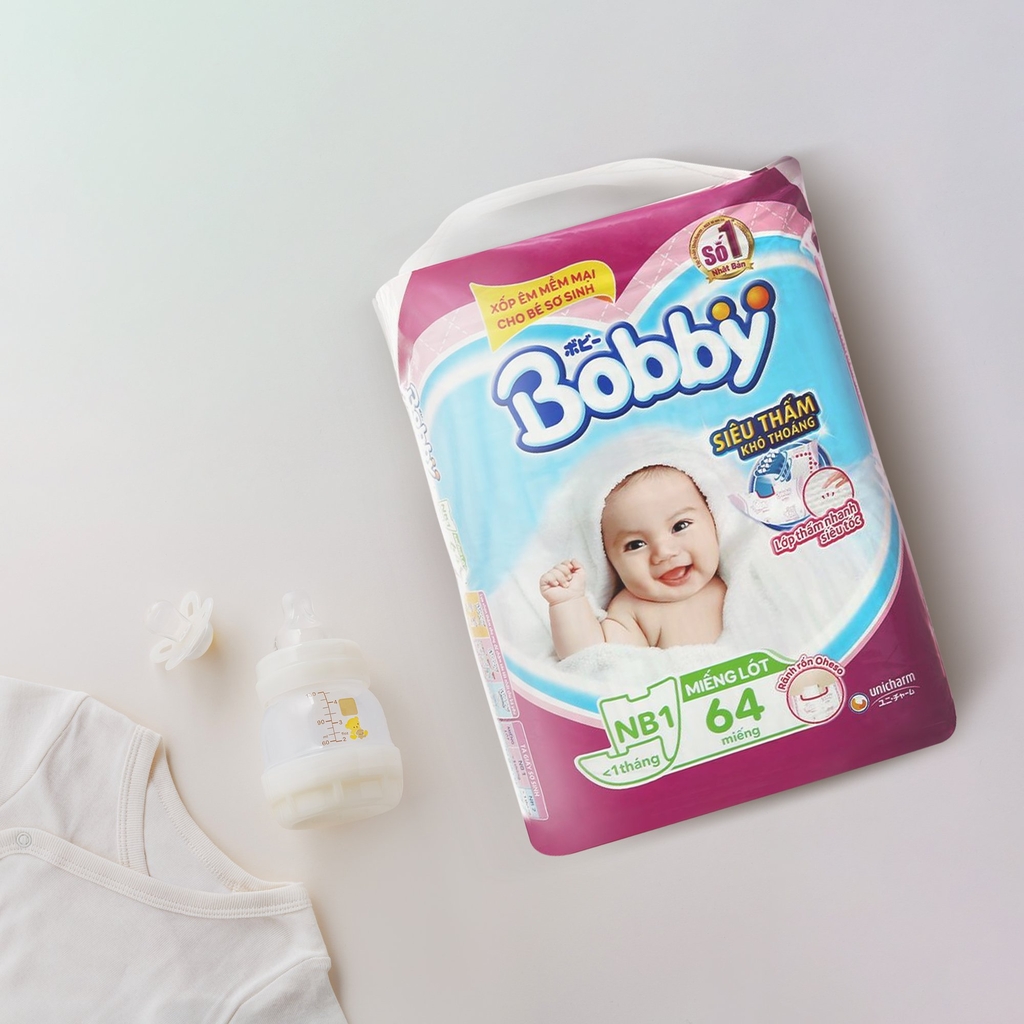 [Tặng 6 miếng] Tã/Bỉm giấy Bobby Newborn 1- 64 miếng