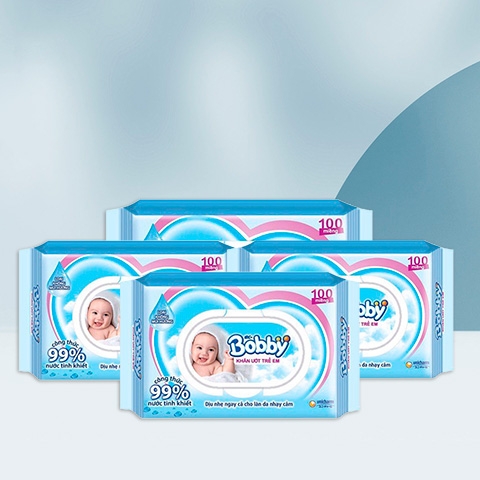 [Combo 4] Khăn ướt Bobby Care không hương - gói 100 tờ - Tặng 2 gói Fressi Care Face 20 miếng