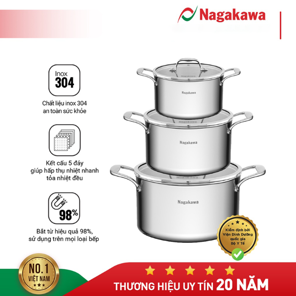 Bộ nồi inox Nagakawa Haru NAG1355 size 16, 20 và 24cm