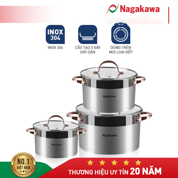 Bộ nồi inox Nagakawa NAG1352 size 16, 20, 24cm