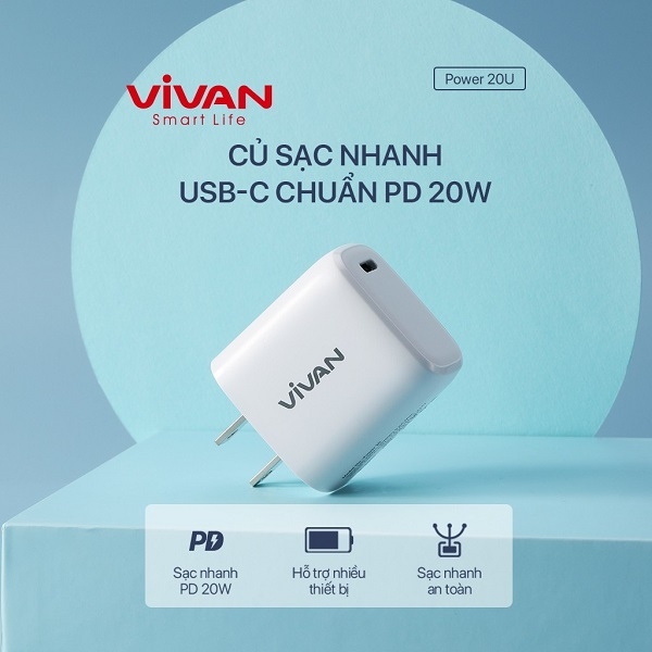 Củ sạc nhanh VIVAN Power 20U 20W chuẩn PD cổng Type-C chân sạc US tương thích Apple - Trắng