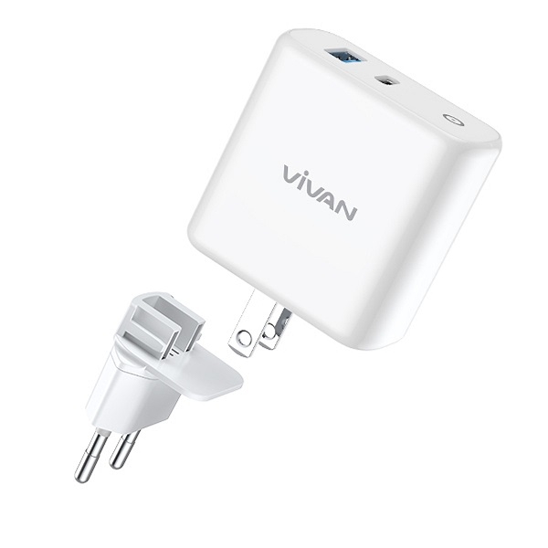 Củ sạc nhanh VIVAN GaN 65W chân sạc US/EU  có thể tháo rời 2 cổng sạc USB/Type-C - Trắng