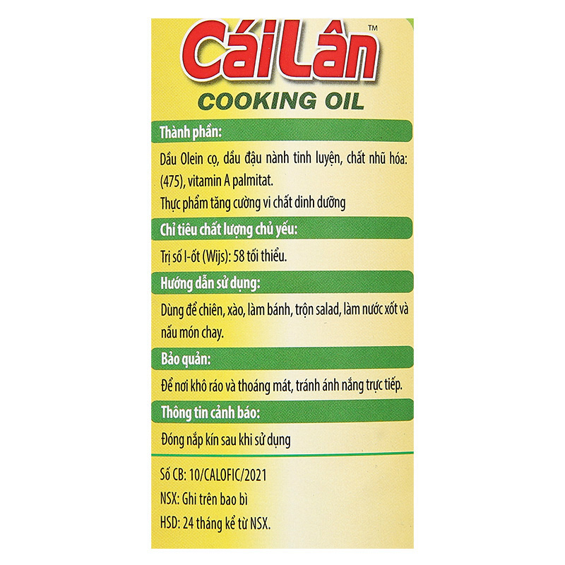 [THÙNG 12 CHAI] Cái Lân Dầu Thực Vật Hảo Hạng Can 1L