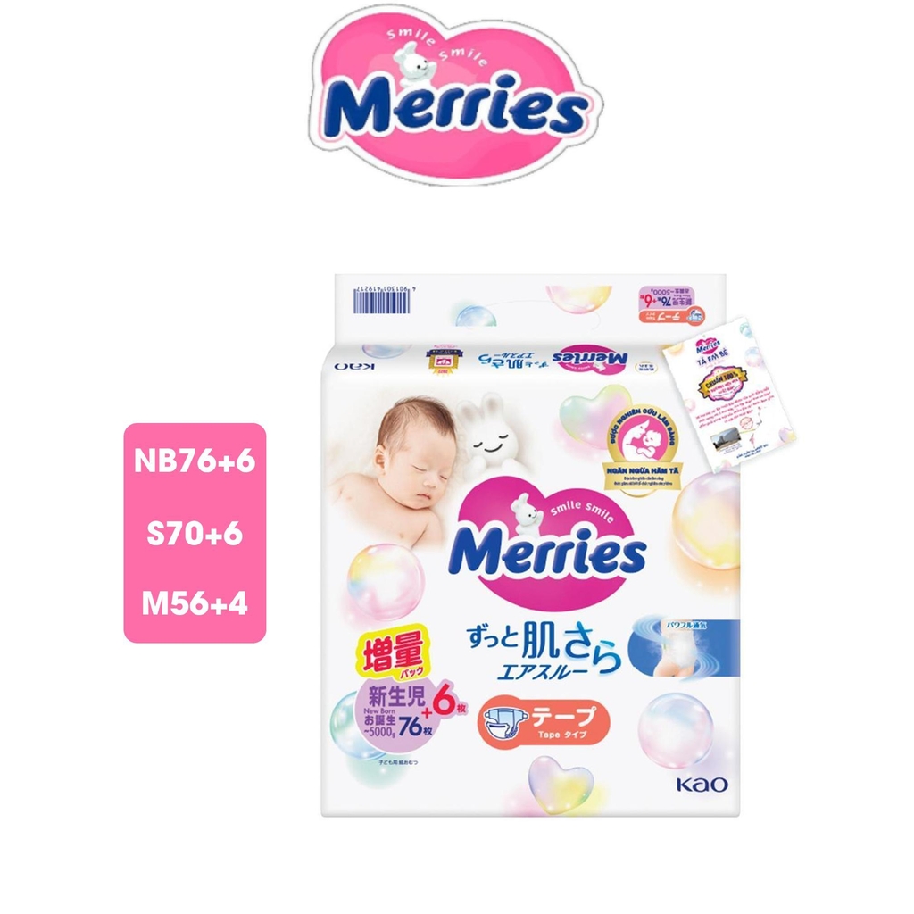 Merries Tã Bỉm dán cộng miếng size NB76+6/S70+6/M56+4