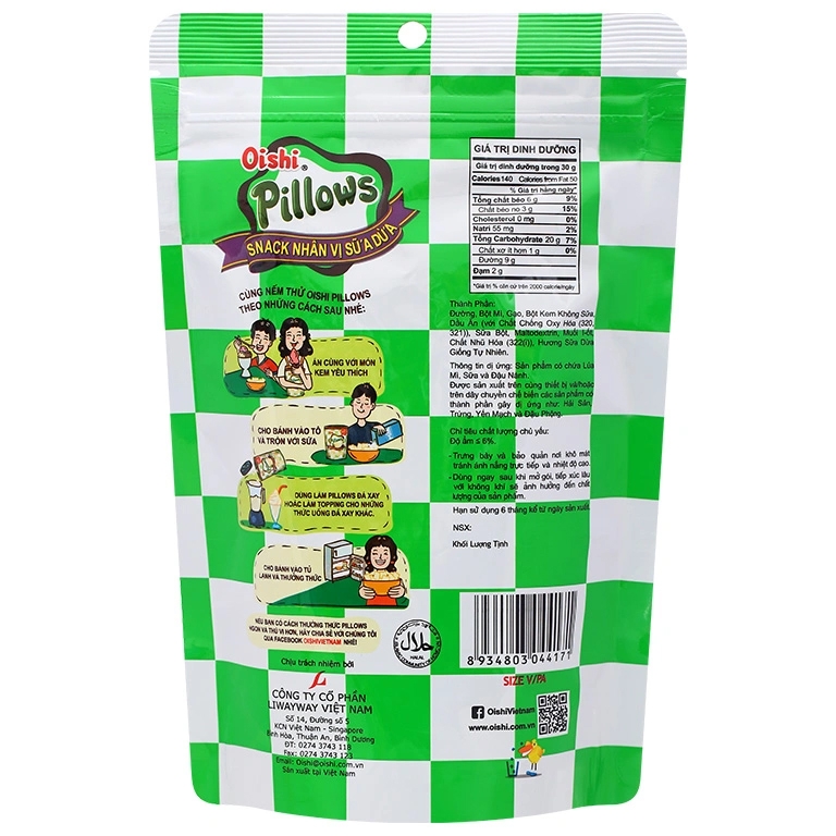 [THÙNG 20] Oishi Pillows Snack Nhân Vị Sữa Dừa Gói 80g