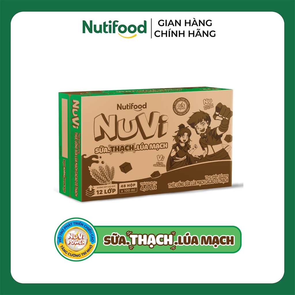 [THÙNG 48] NuVi Thức Uống Sữa Lúa Mạch Cacao Có Thạch Hộp 100ml