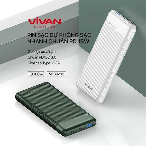 Sạc nhanh 18W dung lượng 10000mAh VIVAN VPB-M10 2 Inputs/2 Outputs PD + QC 3.0