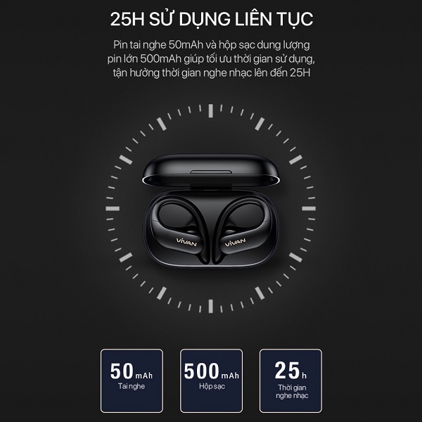 Tai nghe TWS Bluetooth 5.0 VIVAN Sport X chuẩn chống nước IPX5 25h Playtime - Đen