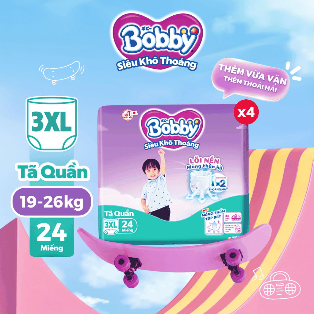 [COMBO 4] Bobby Tã bỉm quần M42/L36/XL32/XXL28/XXXL24 Siêu khô thoáng
