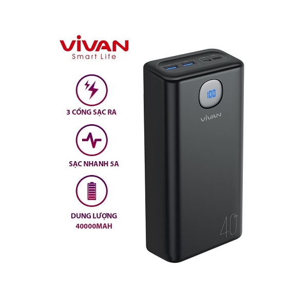 Sạc dự phòng 40000mAh VIVAN VPB-B40 - Sạc nhanh 22.5W - Hiển thị Led 3 cổng sạc ra USB*2 & Type-C - Đen