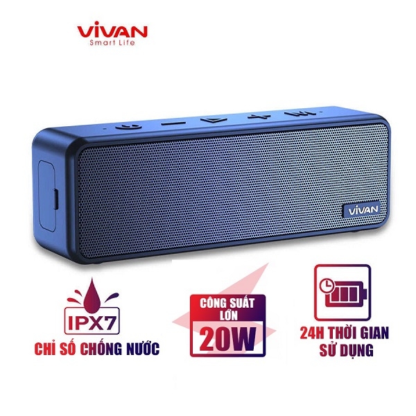 Loa TWS Bluetooth 5.0 VIVAN VS20 chuẩn chống nước IPX7 20W Hi-Fi Woofer 3600mAh 24h Playtime hỗ trợ thẻ nhớ & AUX