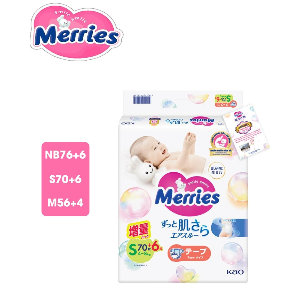 Merries Tã Bỉm dán cộng miếng size NB76+6/S70+6/M56+4