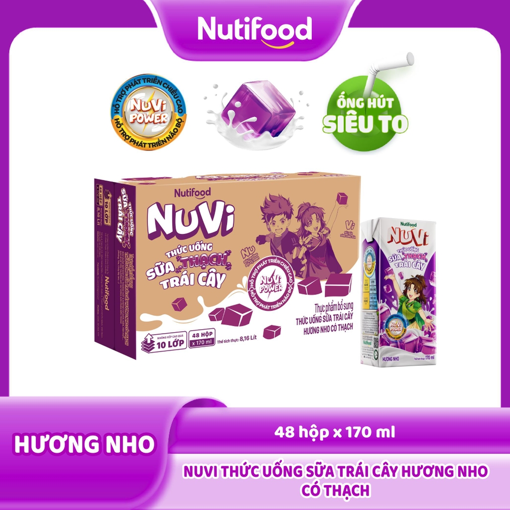 [THÙNG 48] NuVi Thức Uống Sữa Trái Cây Hương Cam/Nho Có Thạch Hộp 170ml