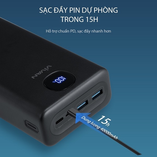 Sạc dự phòng 40000mAh VIVAN VPB-B40 - Sạc nhanh 22.5W - Hiển thị Led 3 cổng sạc ra USB*2 & Type-C - Đen