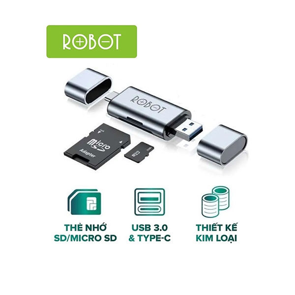 Thiết bị đọc thẻ nhớ ROBOT CR202 - Cổng kết nối USB/Type-C - Bạc