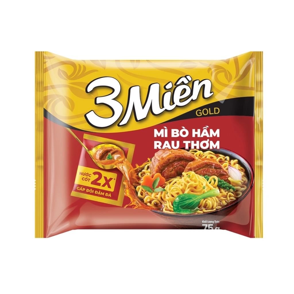 [THÙNG 30 GÓI] 3 Miền Gold Mì Bò Hầm Rau Thơm 2X Nước Cốt Bò Hầm Gói 75g