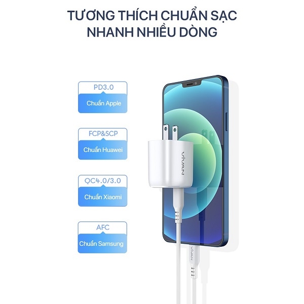 Củ sạc nhanh VIVAN Power 20U 20W chuẩn PD cổng Type-C chân sạc US tương thích Apple - Trắng